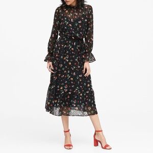 Banana Republic Black Floral Sheer Clip-Dot Midi Dress